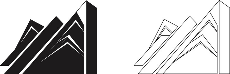 Abstract geometric mountain peaks, minimalist line art and solid silhouette vector illustration for outdoor brand identity, adventure logo design