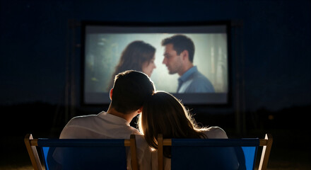 Couple watching movie together on outdoor screen at night  