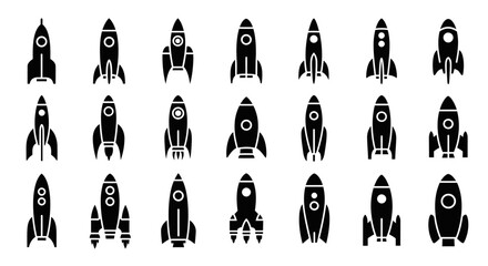 Grid of Small Rocket Silhouettes in Rows and Columns on Isolated White Background © paijo