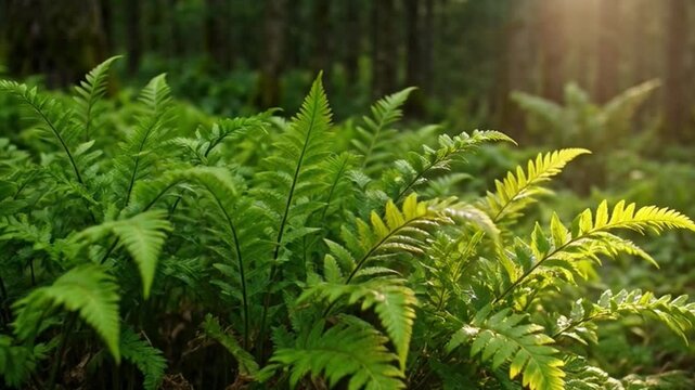 Vibrant green fern fronds with sunlight creating rich natural textures
