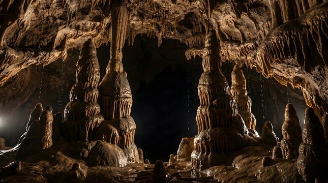Majestic Cave Interior with Illuminated Stalactites and Stalagmites