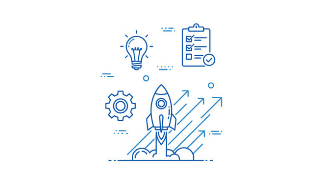 Innovative Business Idea Launching with Rocket Symbolism and Planning.