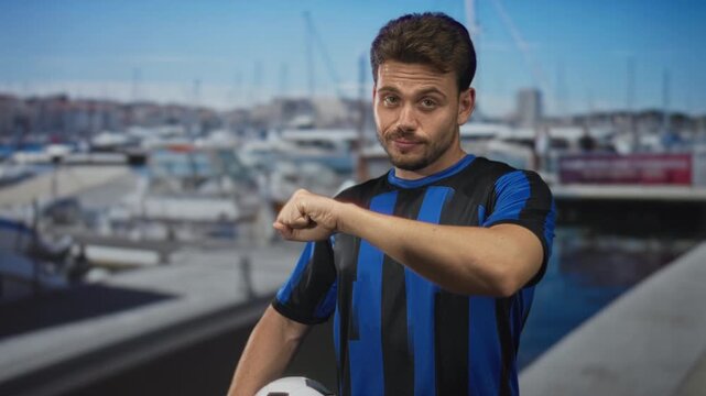 Young hispanic man in blue and black jersey holds soccer ball with fist to chest by a building at a harbor pier with boats; confidence team spirit.
