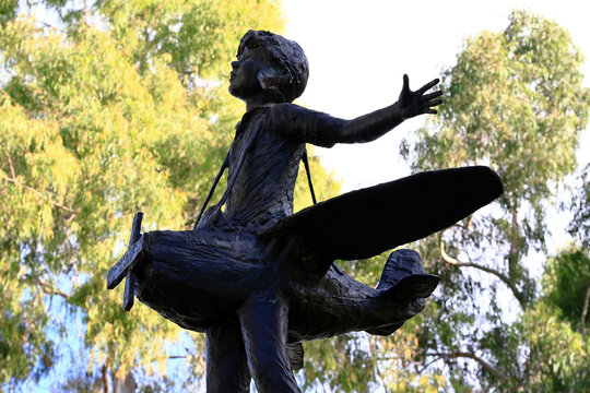 Santa Fe Springs, California &ndash; November 22, 2025: Detail of Dennis Smith sculptures at Soaring Dreams Plaza, southwest corner of Pioneer Boulevard and Telegraph Road