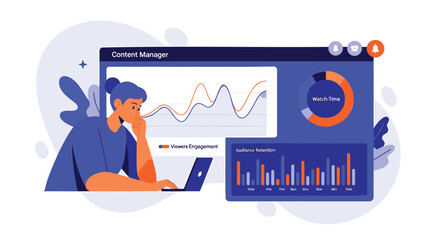 Obraz premium Vector illustration of a person analyzing data on a computer