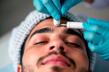 Naklejka premium Close up of a man receiving a professional facial skin treatment.