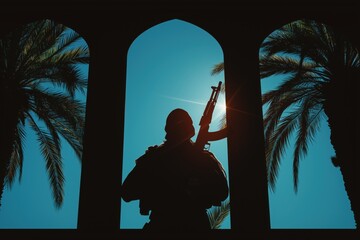 Fototapeta premium Armed Militant Silhouette Standing Guard in a Middle Eastern Archway
