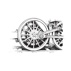Detailed illustration of a locomotive wheel and axle system in black and white. © Mdekramul
