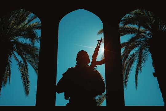 Armed Militant Silhouette Standing Guard in a Middle Eastern Archway