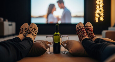 Cozy couple enjoying wine while watching a movie at home  