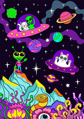 Psychedelic landscape. Poster with cats and aliens exploring space.