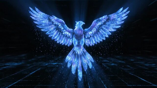Digital phoenix rising abstract animation of glowing bird in space