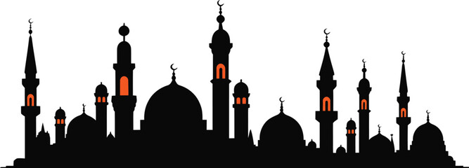 Obraz premium Islamic City Skyline Silhouette with Black Mosque Domes and Minarets Featuring Glowing Orange Windows for Ramadan and Eid Backgrounds