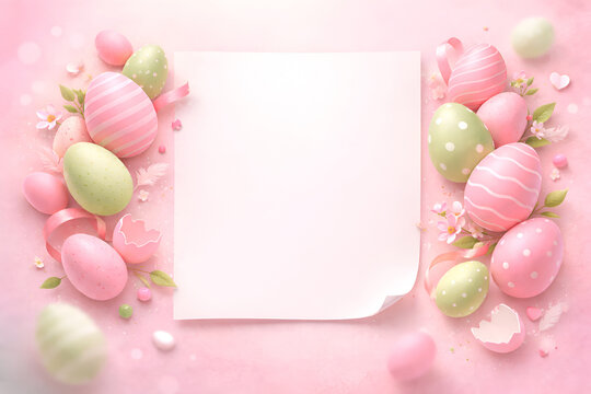Easter mockup with blank white note paper for text, message or invitation, framed by pastel pink and green Easter eggs, flowers and ribbons on a soft pink background.