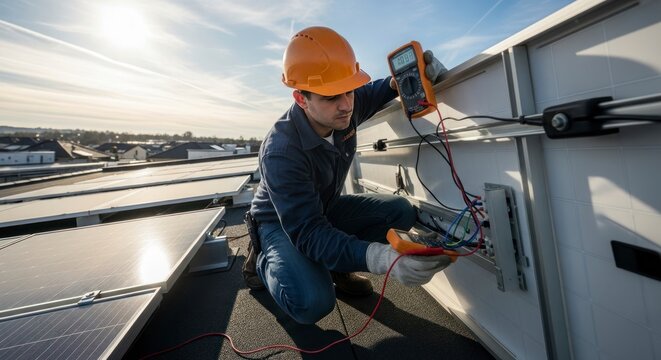 Technician inspecting solar panels on rooftop with sunlight and equipment