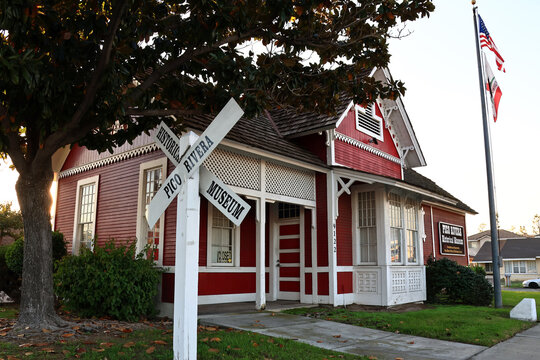 Pico Rivera, California &ndash; December 6, 2025: Pico Rivera Historical Museum in the historic 1887 Rivera Santa Fe Depot, showcasing the city's agricultural heritage and community history