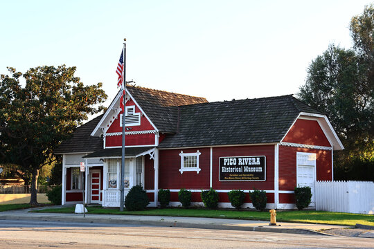 Pico Rivera, California &ndash; December 6, 2025: Pico Rivera Historical Museum in the historic 1887 Rivera Santa Fe Depot, showcasing the city's agricultural heritage and community history