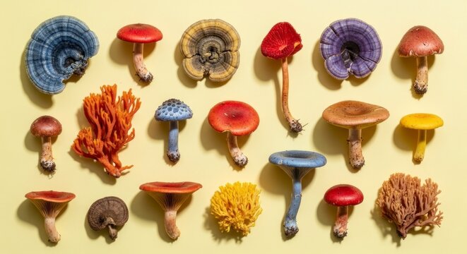 Variety of colorful mushrooms displayed on a light yellow background