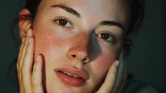 Close-up portrait of a young woman with natural freckles and a gentle expression, softly lit.