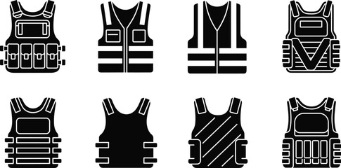 Set of Tactical Vest Icons and Safety Reflective Jackets Featuring Body Armor Bulletproof Plates and High Visibility Workwear for Protection, © Mst