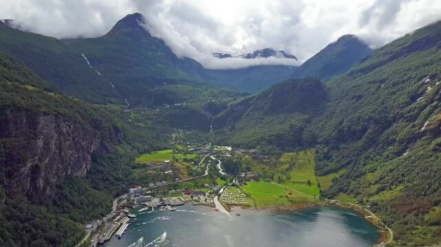 Geiranger at Geirangerfjord aerial view, Norway