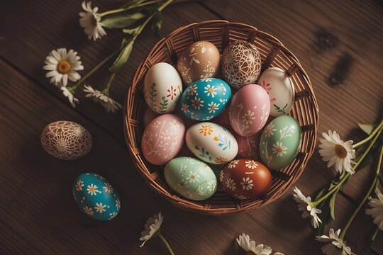 Easter eggs in a woven basket with flowers
