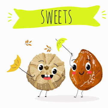Funny Characters Ma'amoul dessert, Turkish candied chestnut (Kestane Sekeri) , hand drawn vector illustration.