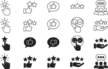 Fototapeta premium Customer Feedback Icons Set: Star Ratings, Thumbs Up/Down, Satisfaction Emoji, Vector Flat Design Illustration