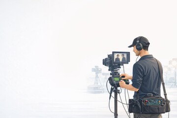 Film production audio specialist preparing recording equipment beside cinema camera before filming