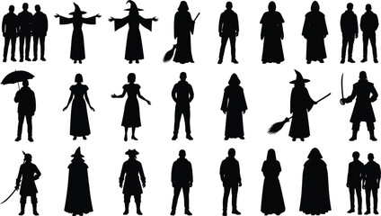 Fantasy character silhouettes set, witches, wizards, hooded figures, warriors, people standing poses, mysterious magic costume characters isolated collection © Md