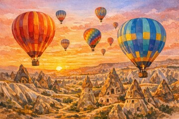 Obraz premium Colorful hot air balloons drift over a valley with rock formations at sunset in a scenic landscape. Hot air balloons float in the sky above unique rock formations at sunset. The sun casts warm colors.