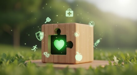 A wooden cube with a glowing heart puzzle piece surrounded by health icons outdoors.