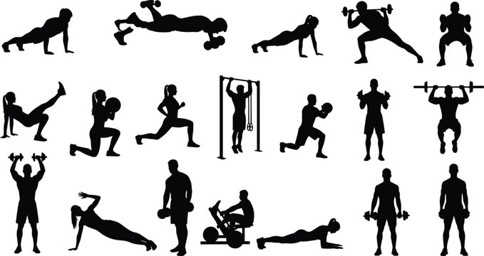 Fitness workout silhouettes collection, men and women performing strength training, push ups, weightlifting and gym exercises isolated on white background