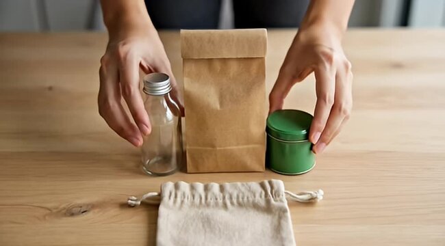 Hands arranging eco friendly products on wooden table for zero waste living
