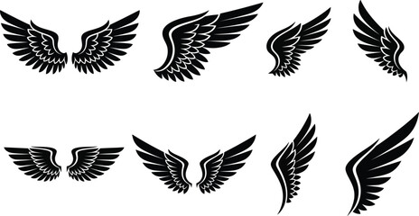 Obraz premium Set of black eagle wings in flight flat design vector illustration scalable graphic art for logos and icons