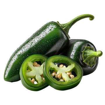 A vibrant green jalapeno pepper sliced open on a black background isolated on transparent background
