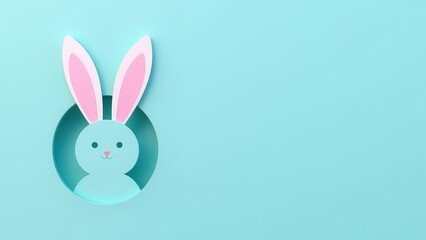 Fototapeta premium white and pink rabbit ears emerging from cutout hole on pastel blue background playful easter surprise concept of greeting cards, event promotion, seasonal marketing
