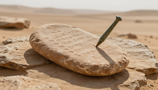 Ancient clay tablet with cuneiform writing in a sandy desert landscape