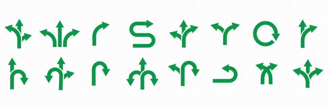 Go straight, U turn left and right black and white arrow round circle traffic sign direction Icon set. Black and white road signs vector illustration. Traffic direction symbols pack