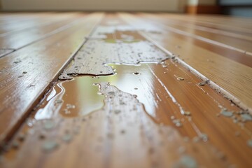 Macro photograph capturing water accumulation on a laminate floor, revealing damage and intricate textures.