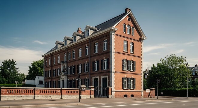 A large red brick building with a black roof and white trim stands on a street corner in a quiet neighborhood.
