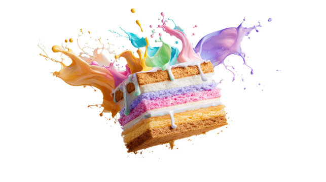 Floating rainbow layer cake slice with dripping white icing and vibrant paint splash effect