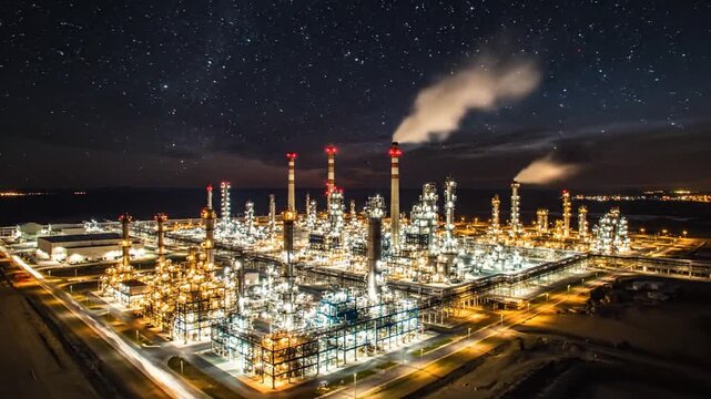Aerial view of a large industrial oil refinery operating at night with bright lights and smoke.