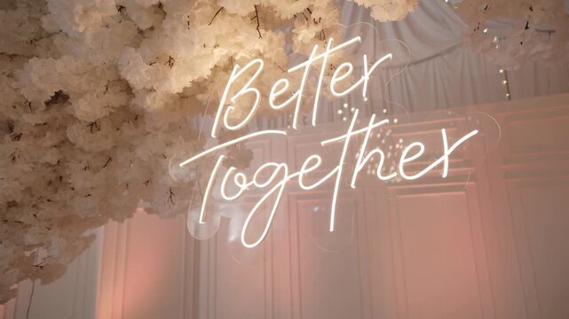 Luminous neon sign reading "Better Together" mounted against white paneling and framed by floral clouds