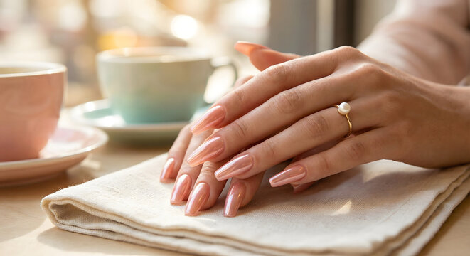 Close-up of elegant hands with peach iridescent chrome manicure. Features long coffin-shaped nails, a gold pearl ring, and a cozy cafe setting with soft morning light and tea cups.