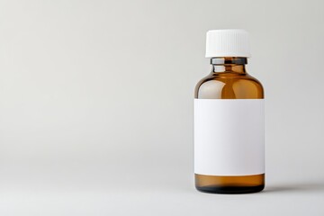 Amber glass bottle with white cap and blank label on light gray background shows a simple product display for various uses