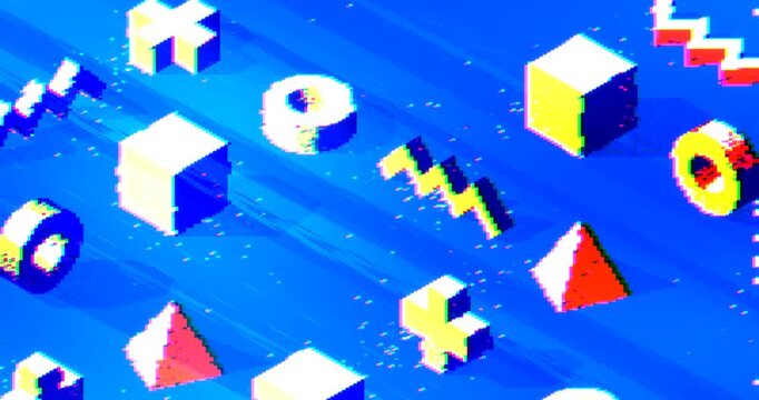 Abstract isometric 3D shapes with contrast shadows and dotwork texture on blue background