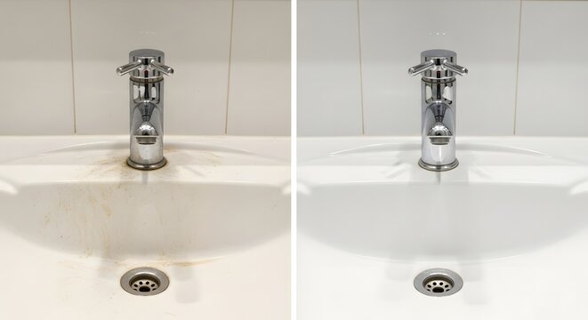 Shower glass door covered with soap scum and hard water stains