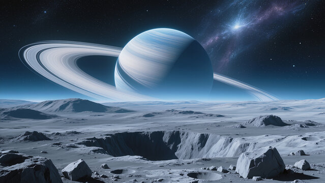 Outer space scene shows Saturn with rings and distant stars over a moon-like landscape at night Generative AI