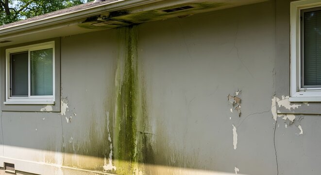 House exterior wall with mold stains and peeling paint damage
